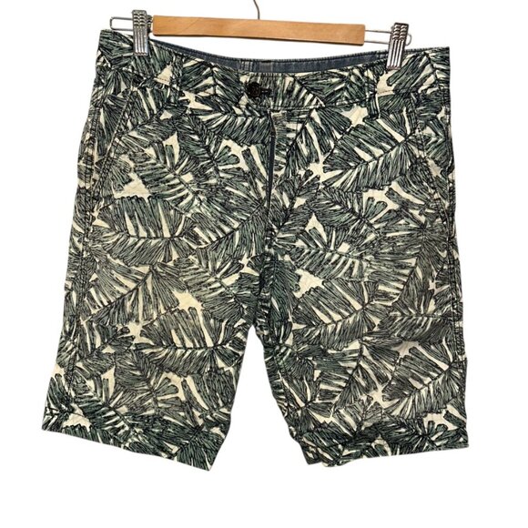 Reversible two in one chambray blue green tropical print bermuda shorts 32 - Picture 1 of 7